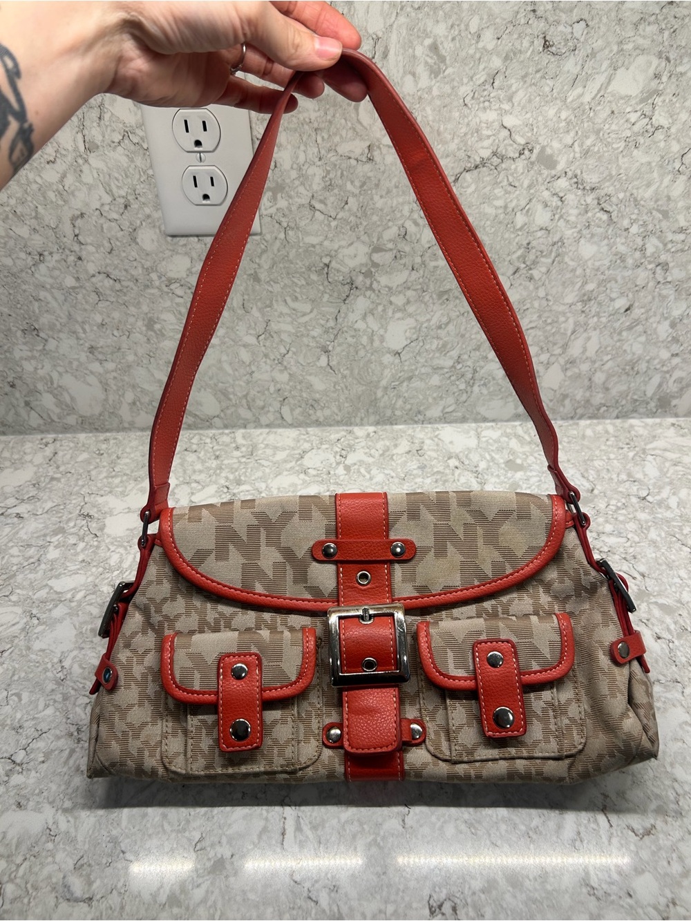 New York & Company Beige Canvas Shoulder Bag with Orange Trim